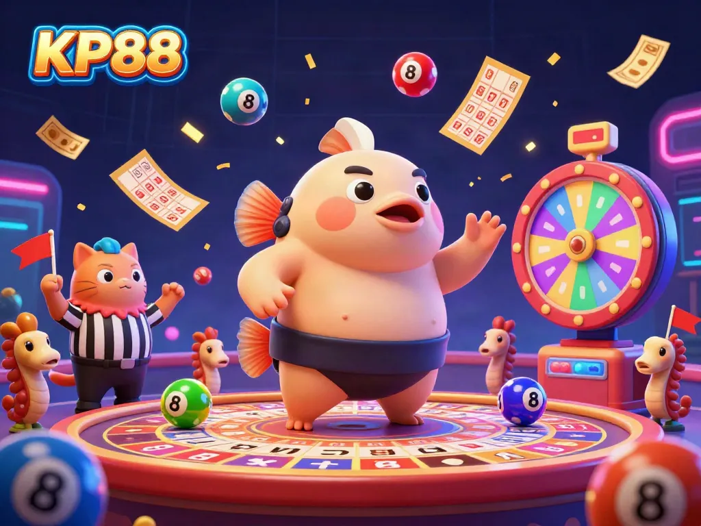 Join the vibrant KP88 underwater casino scene with a fugu and other lively creatures amid colorful lottery excitement.