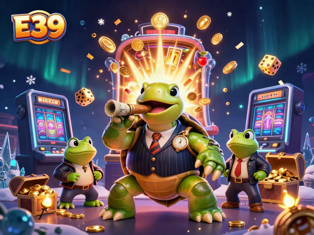 E39 casino illustration with a snapping turtle mobster and bullfrog enforcers surrounded by jackpots and vibrant gaming elements.