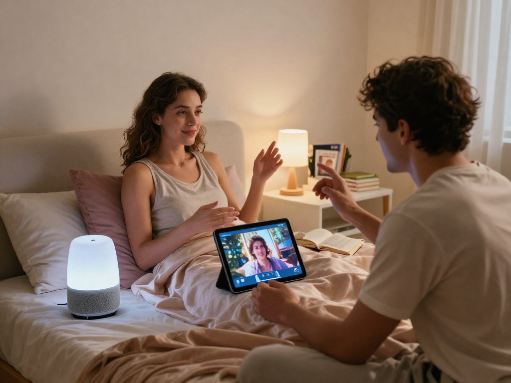 Couple enjoying AI sex technology experience in a cozy modern bedroom