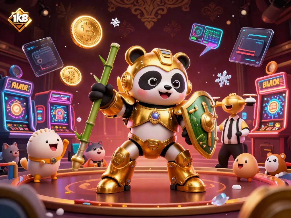 Experience the excitement of tk 88 with a lively 3D casino scene featuring a panda in a mech-suit and crypto coins.