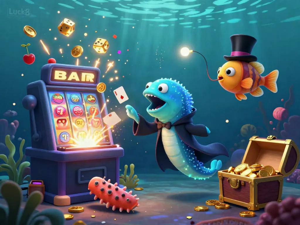 Luck8 showcases a vibrant underwater scene with animated characters performing casino magic tricks amidst a cascade of jackpots and prizes.