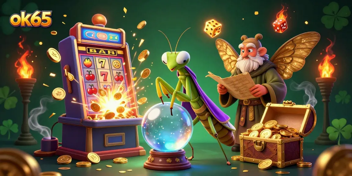 Engage in thrilling ok65 casino games with a vibrant illustration of mystical characters and slot machines.