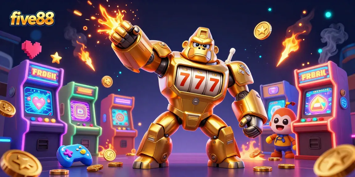 Engage in thrilling casino adventures with five88 featuring a golden gorilla mech and vibrant gaming elements.
