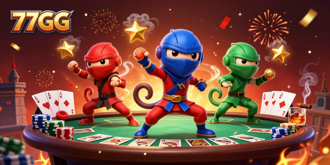 77GG chameleon team showcasing poker strategies on a vibrant rooftop with dynamic elements.