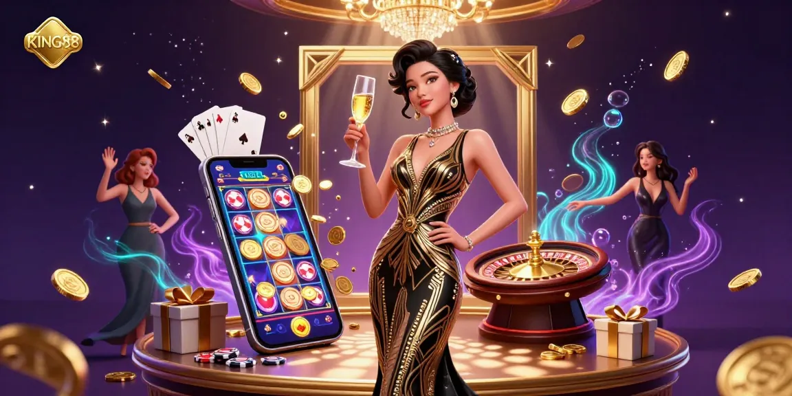 Experience the thrilling games at kING88 with vibrant slot reels and glamorous elegance.