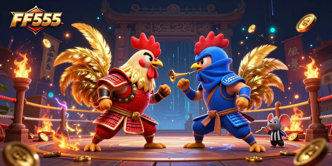 FF555 features dynamic cartoon roosters in a thrilling casino showdown with golden feathers.