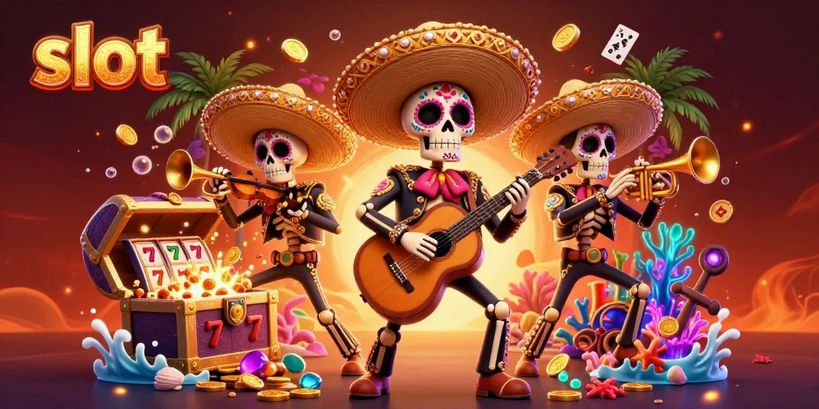 Experience winning at slots with vibrant 3D mariachi skeletons surrounded by slot reels and treasures.