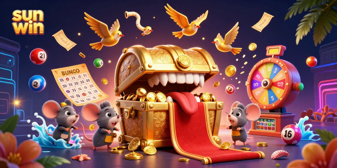 Experience the thrill of winning at sun win with vibrant lottery elements and a treasure chest full of coins.