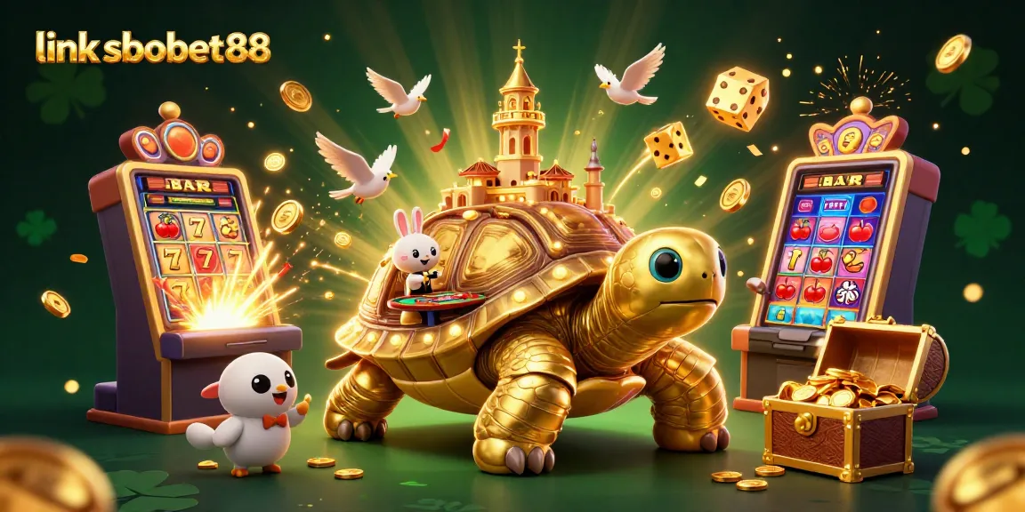 Experience thrilling action with link sbobet88 featuring a cartoon tortoise casino scene and vibrant gold elements.