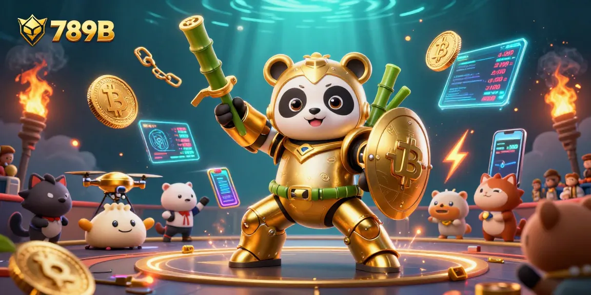 Engage in thrilling games with 789B as a golden panda robot navigates a vibrant casino arena.