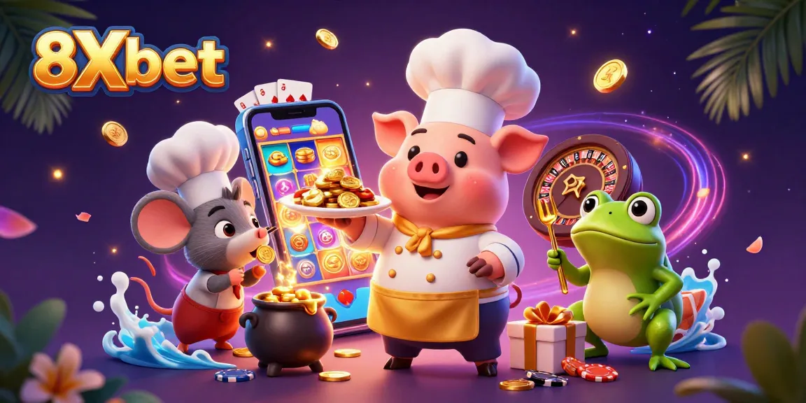 Engage with 8Xbet's online casino excitement featuring gold coins, slot games, and vibrant characters.