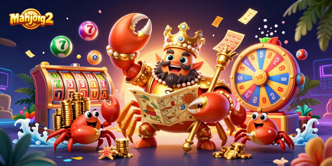 Experience winning with mahjong 2 featuring a golden crab emperor amidst vibrant casino elements.