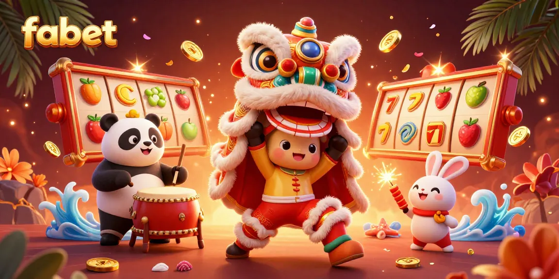 Experience fabet's exciting slot games with dynamic characters and vibrant decorations celebrating wins.