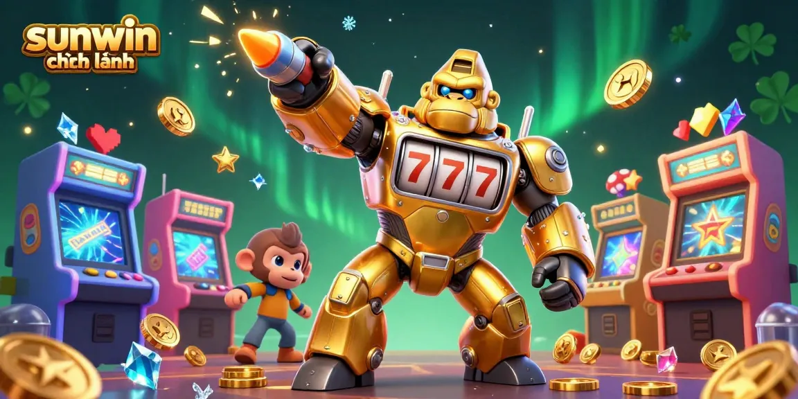 Experience sunwin chính hãng with a golden gorilla mech and colorful arcade elements amidst a vibrant casino scene.