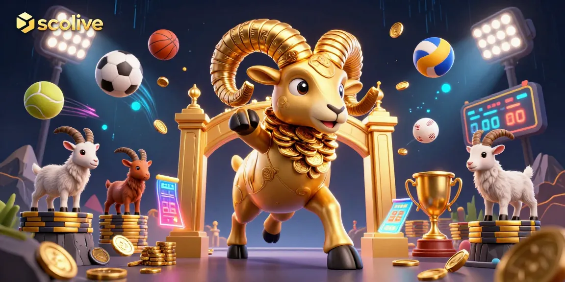 socolive sports betting illustration with a golden ram charging at a gate surrounded by sports elements.